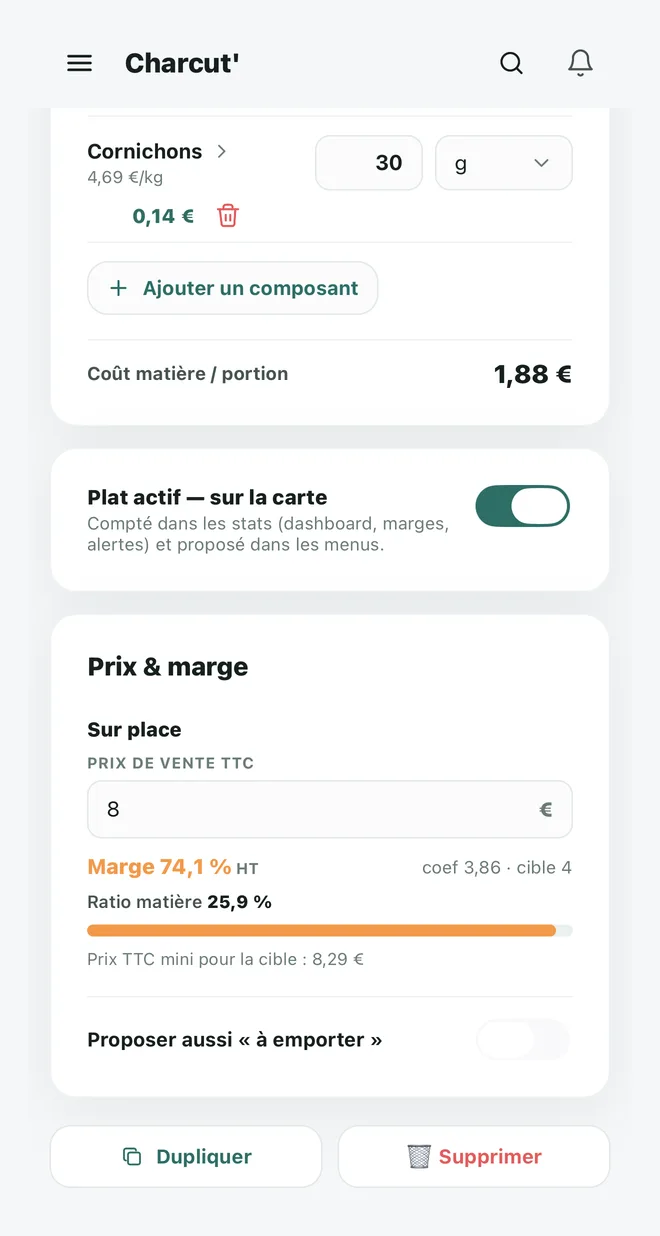 Fiche recette de RestoMaestro : coût matière par portion, marge, coefficient et prix mini pour la cible